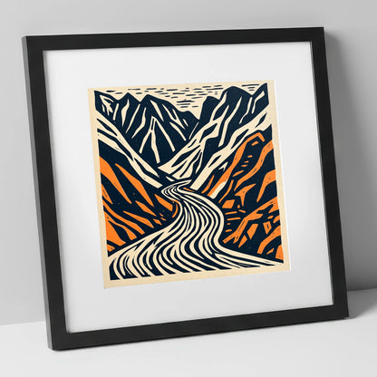 Honister Pass Navy and Terracotta lake district valley art print in black frame