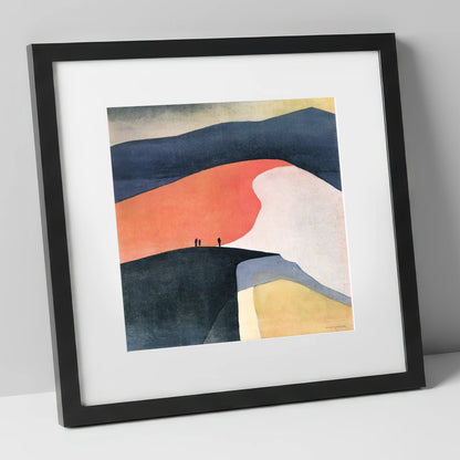 Terracotta Fell Top with Hikers lake district fell art print in black frame