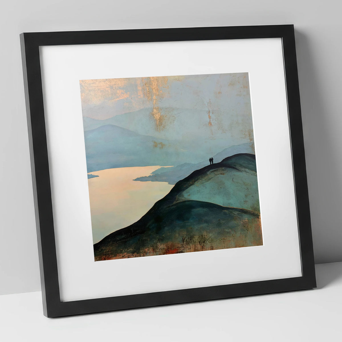 Silhouetted Walkers on Catbells Ridge lake district fell art print in black frame