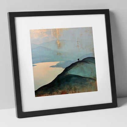 Silhouetted Walkers on Catbells Ridge lake district fell art print in black frame