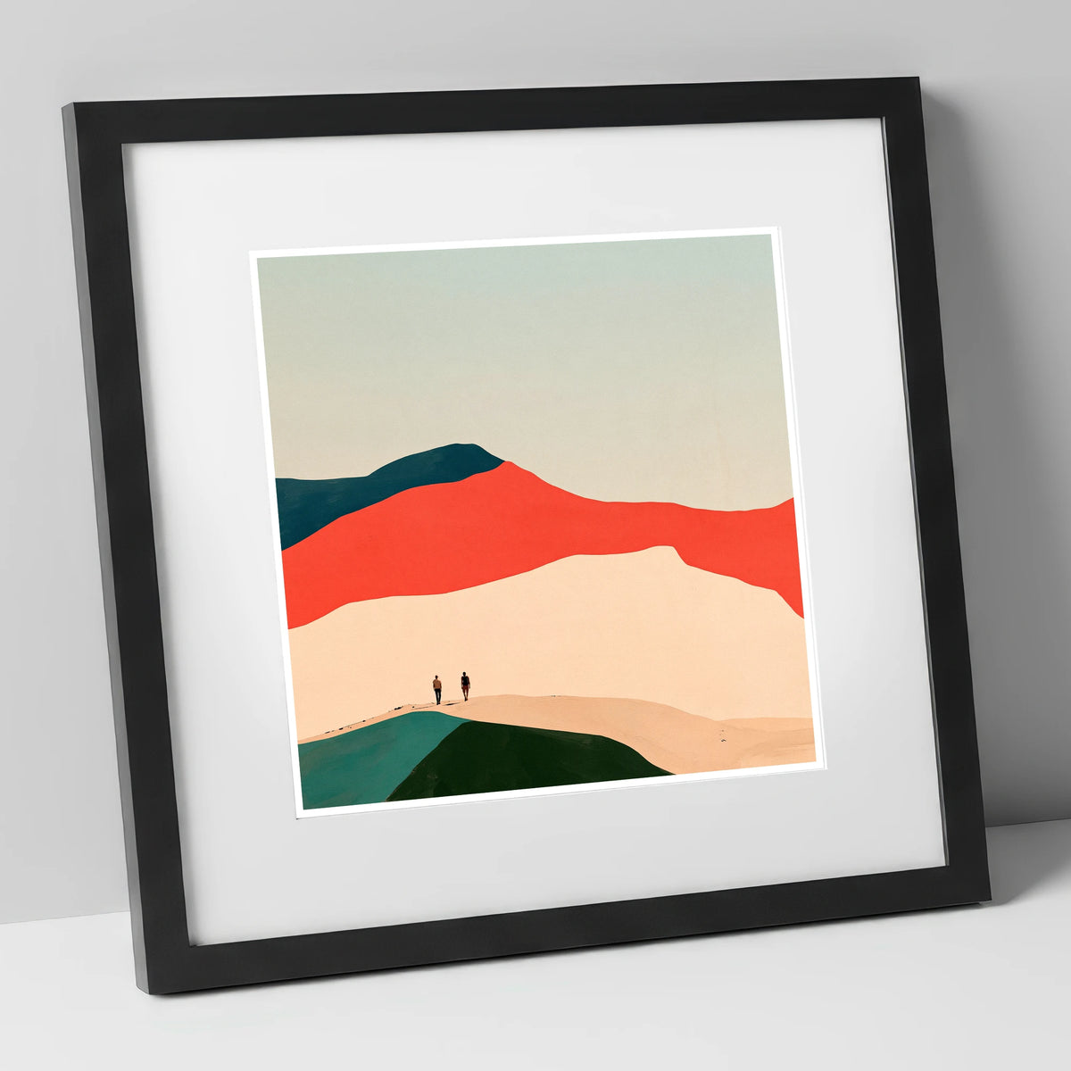 Hikers on a Graphic Fell Ridge lake district fell art print in black frame