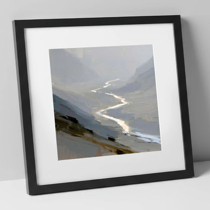 Winding River in Misty Valley lake district waterfall art print in black frame