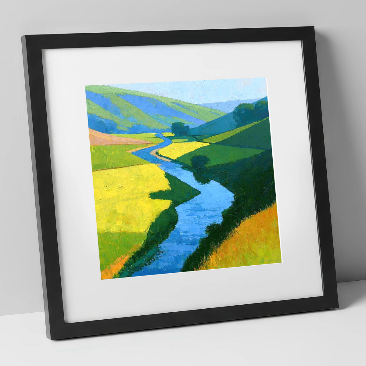 Winding Blue Beck through Vibrant Valley Meadows lake district waterfall art print in black frame