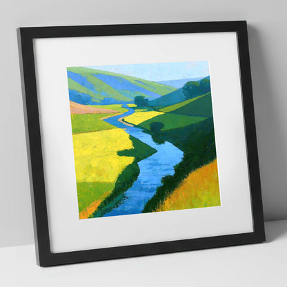 Winding Blue Beck through Vibrant Valley Meadows lake district waterfall art print in black frame