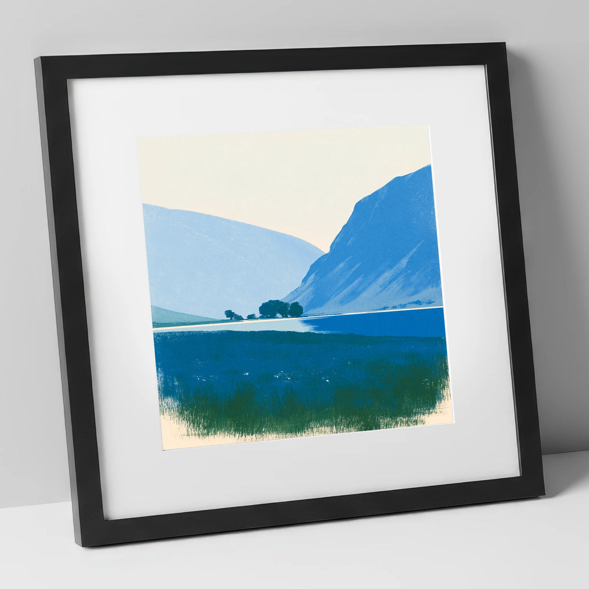 Blue Fells and Still Lake lake district lake art print in black frame