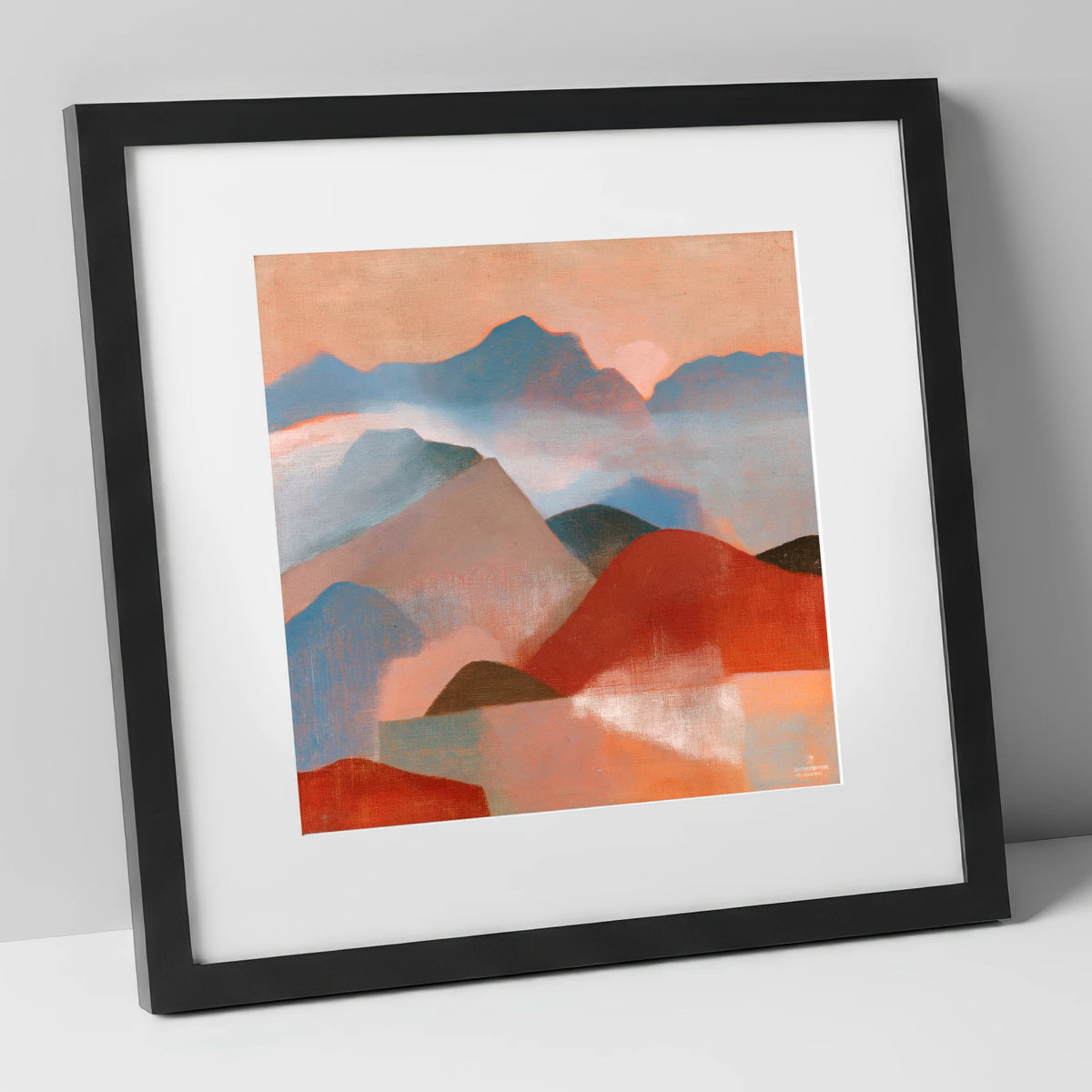 Terracotta and Blue Mountain Ridge lake district fell art print in black frame