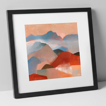 Terracotta and Blue Mountain Ridge lake district fell art print in black frame