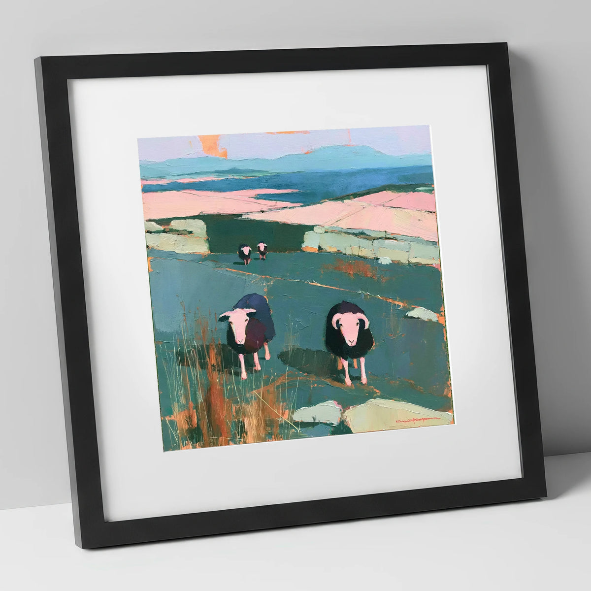 Herdwick Sheep on a Teal Fellside lake district wildlife art print in black frame