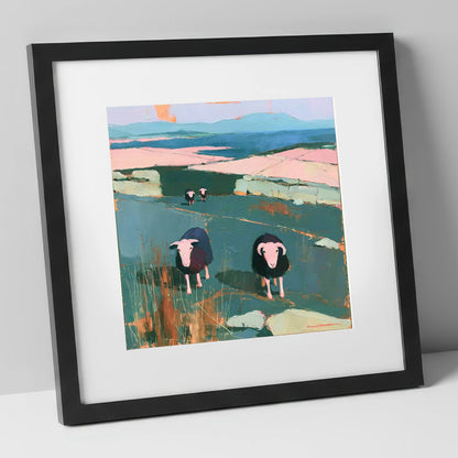 Herdwick Sheep on a Teal Fellside lake district wildlife art print in black frame