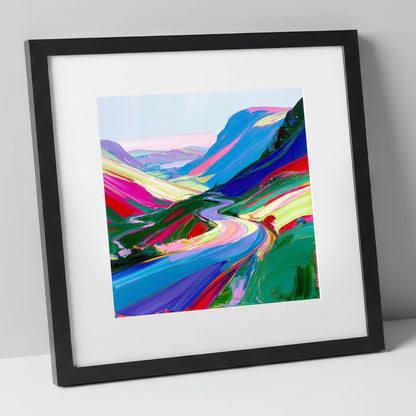 Vivid Sweeping Mountain Pass lake district valley art print in black frame