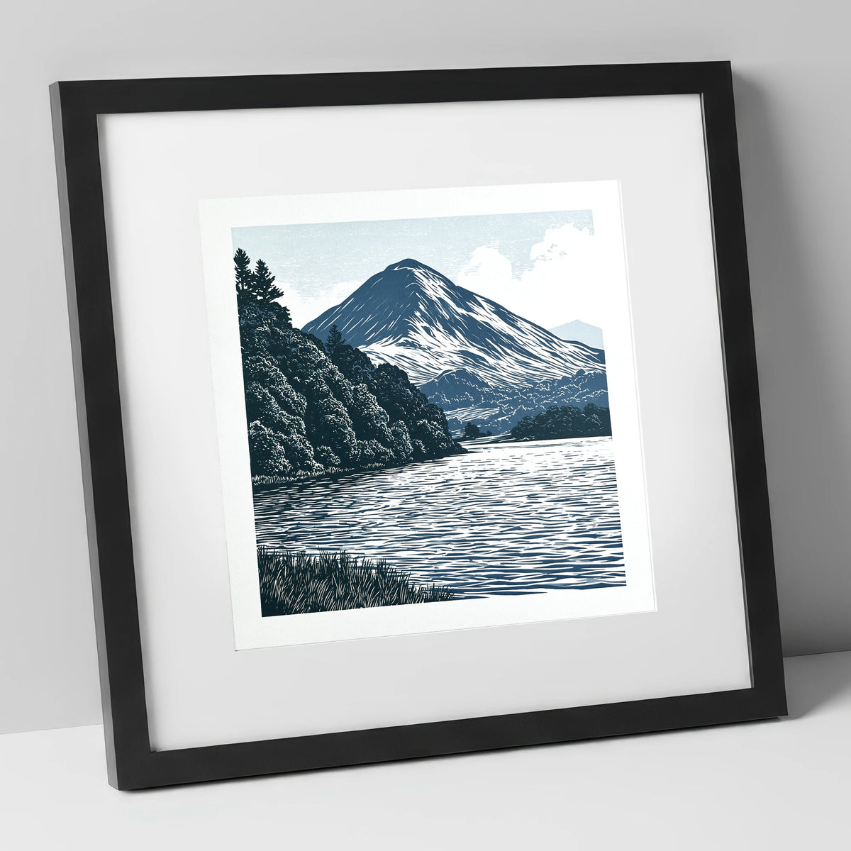 Catbells in Slate and Navy lake district fell art print in black frame