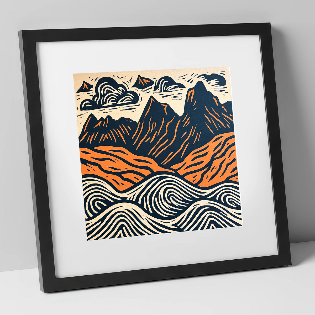 Navy and Orange Langdale Pikes lake district fell art print in black frame