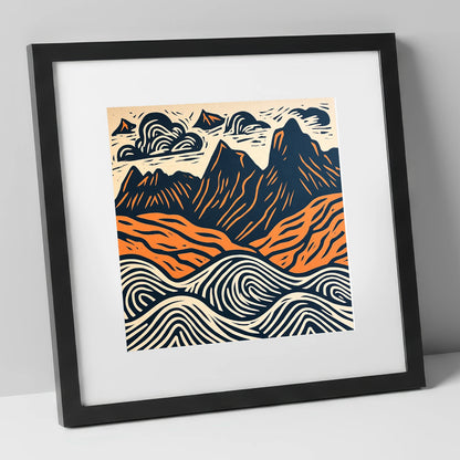 Navy and Orange Langdale Pikes lake district fell art print in black frame