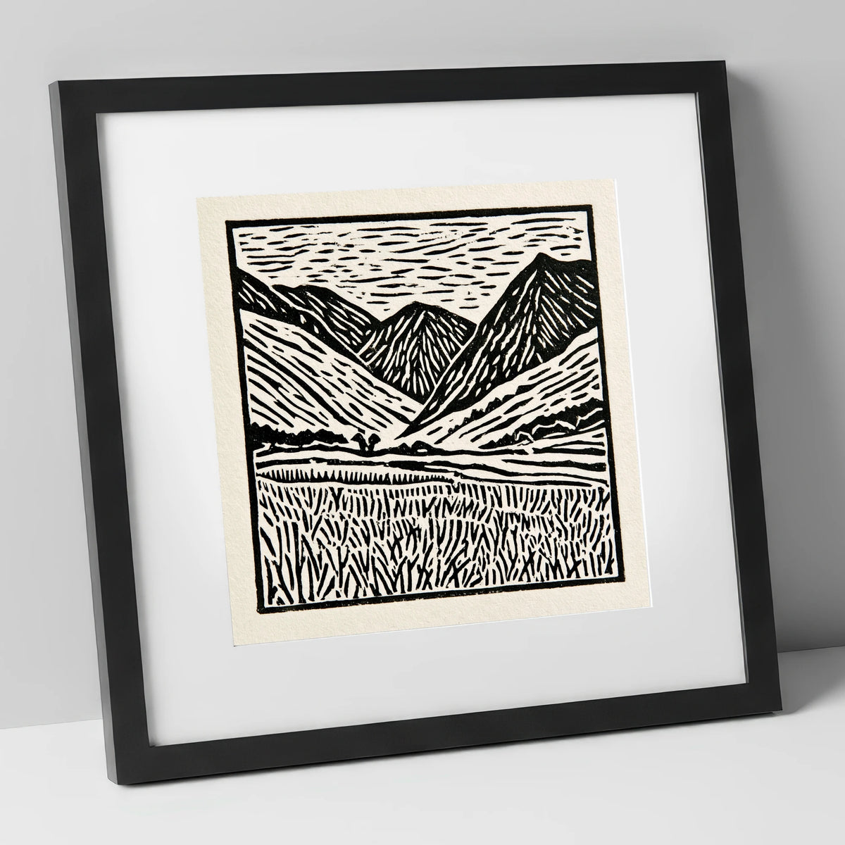 Black and White Borrowdale Fells lake district valley art print in black frame