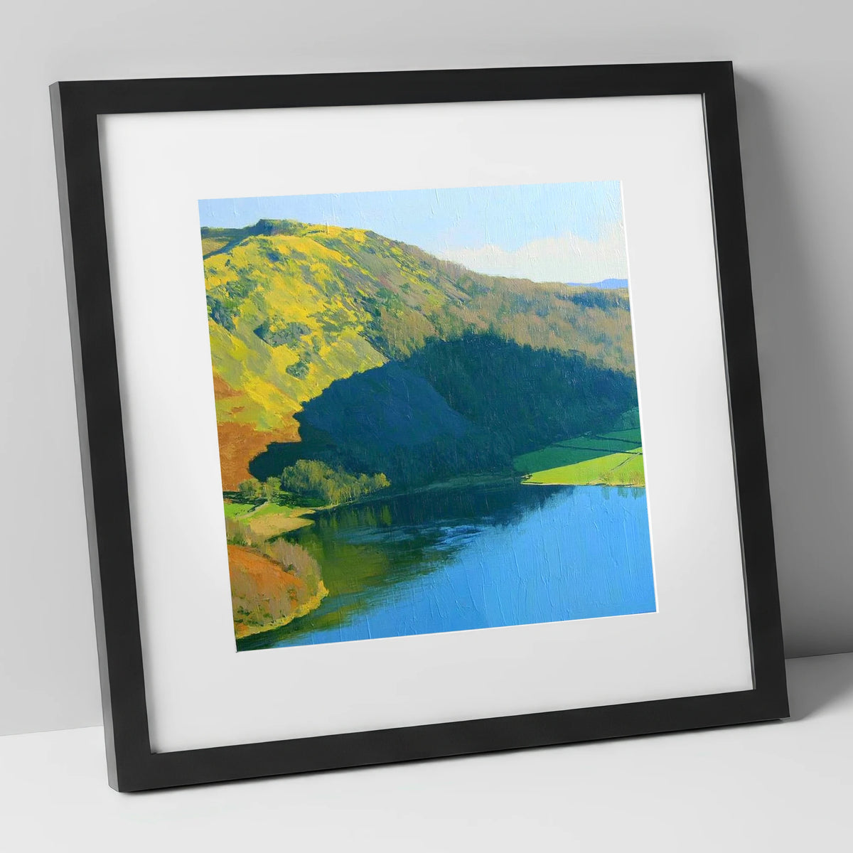 Vibrant Sunlight on Gowbarrow Fell lake district fell art print in black frame
