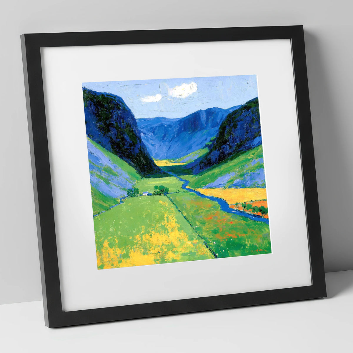 Vivid Valley Beneath Blue Fells lake district valley art print in black frame