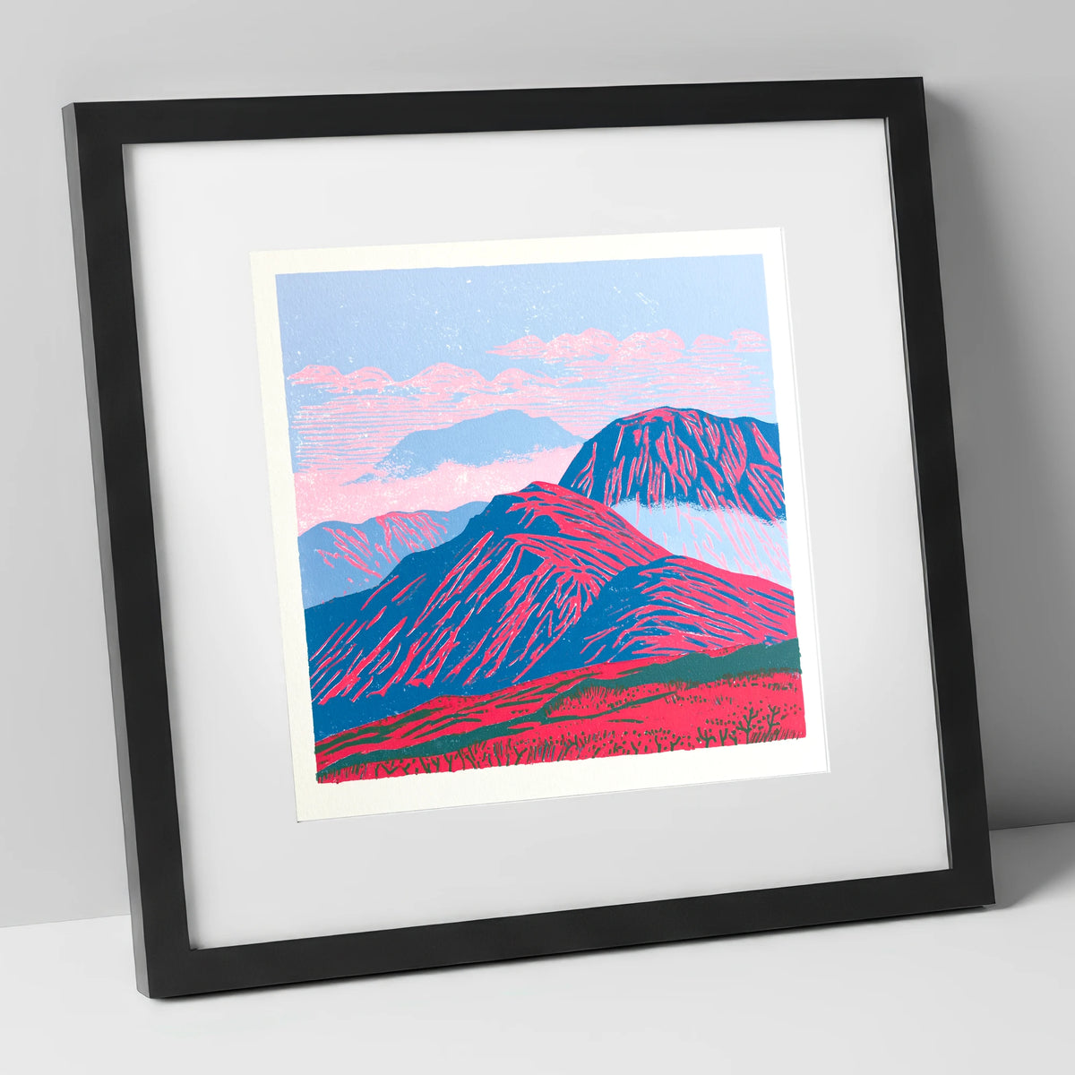 Vibrant Red Misty Mountain Ridge lake district fell art print in black frame