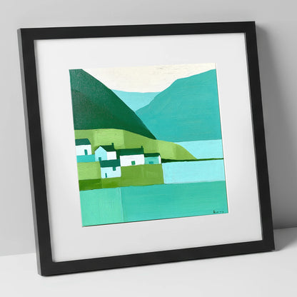 Modern Teal Lakeside Village lake district village art print in black frame