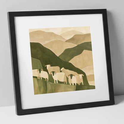 Herdwick Flock on Earthy Fells lake district wildlife art print in black frame