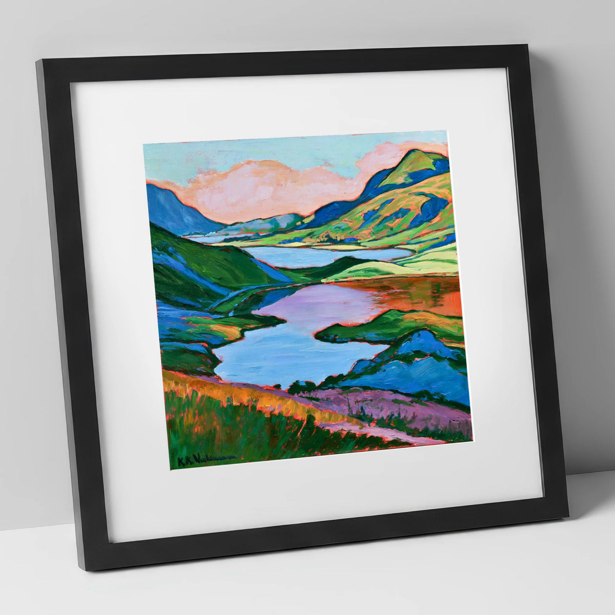 Colourful Fells Above the Lake lake district lake art print in black frame