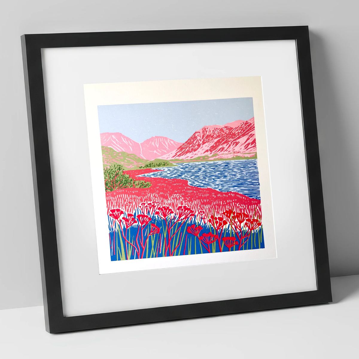 Vibrant Pink Fells at Ennerdale lake district valley art print in black frame