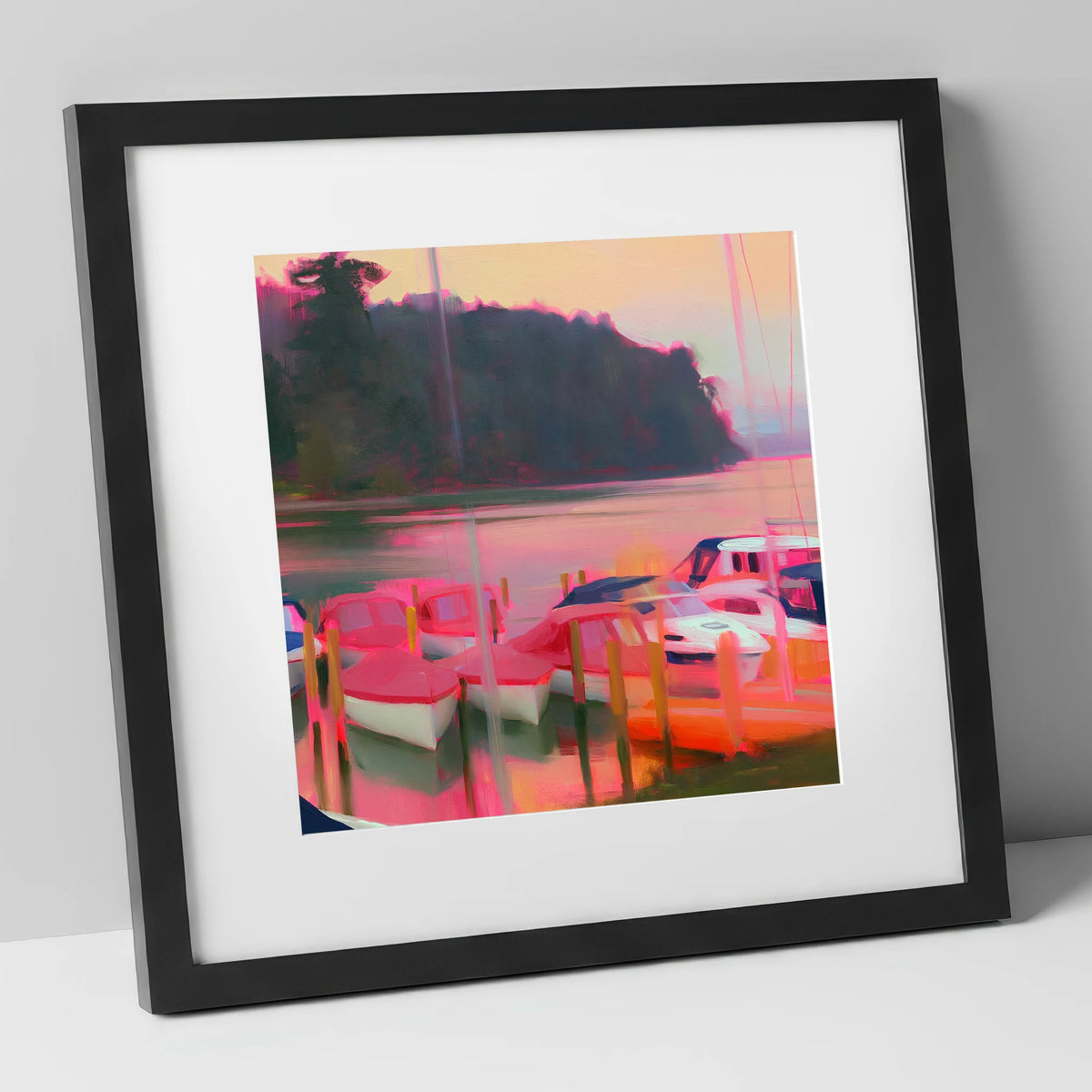 Neon Sunset Over Windermere Boats lake district lake art print in black frame