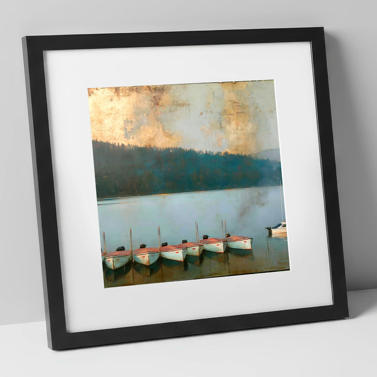 Windermere Boats Under Gold Skies lake district lake art print in black frame