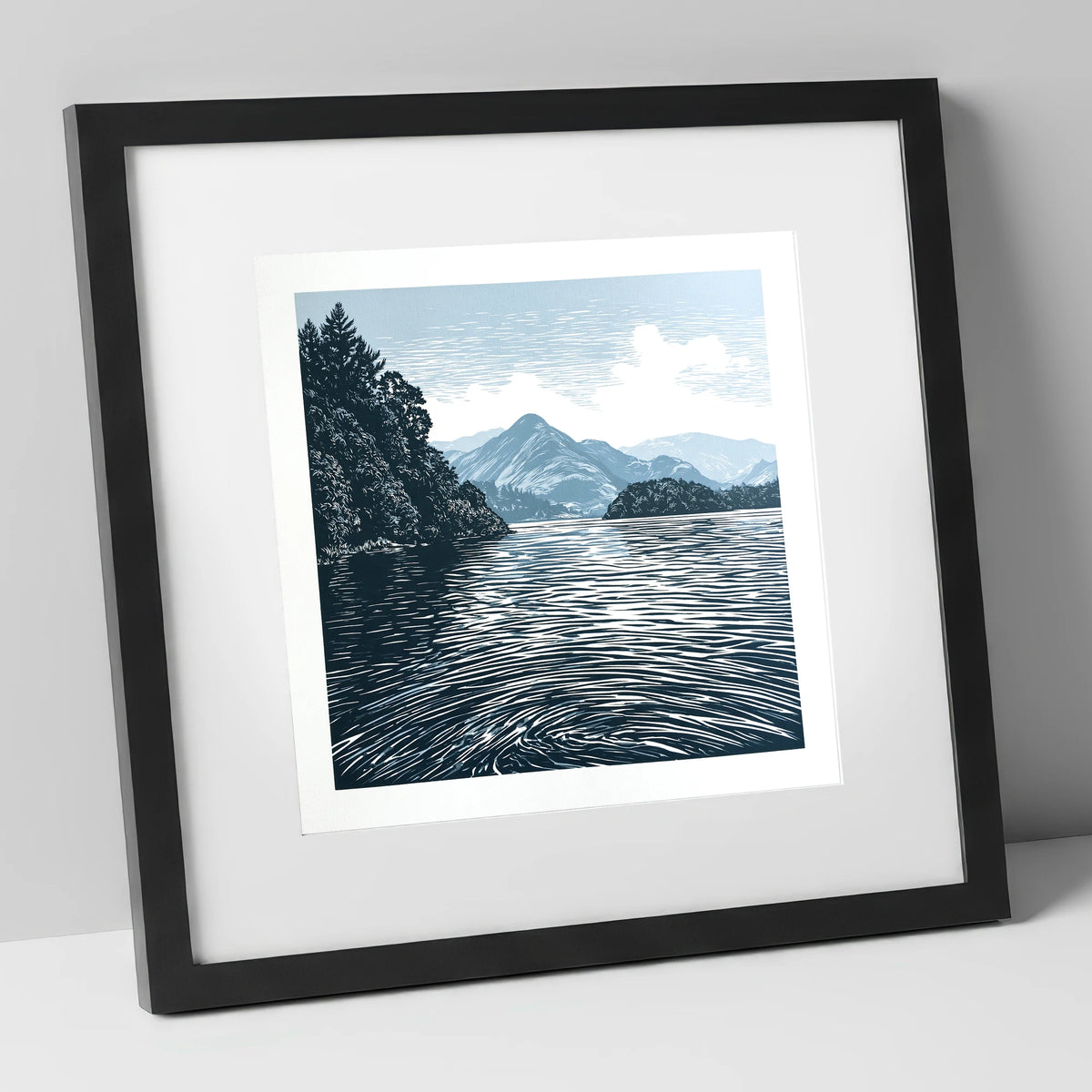 Derwentwater in Slate and Navy lake district lake art print in black frame