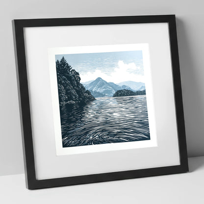 Derwentwater in Slate and Navy lake district lake art print in black frame