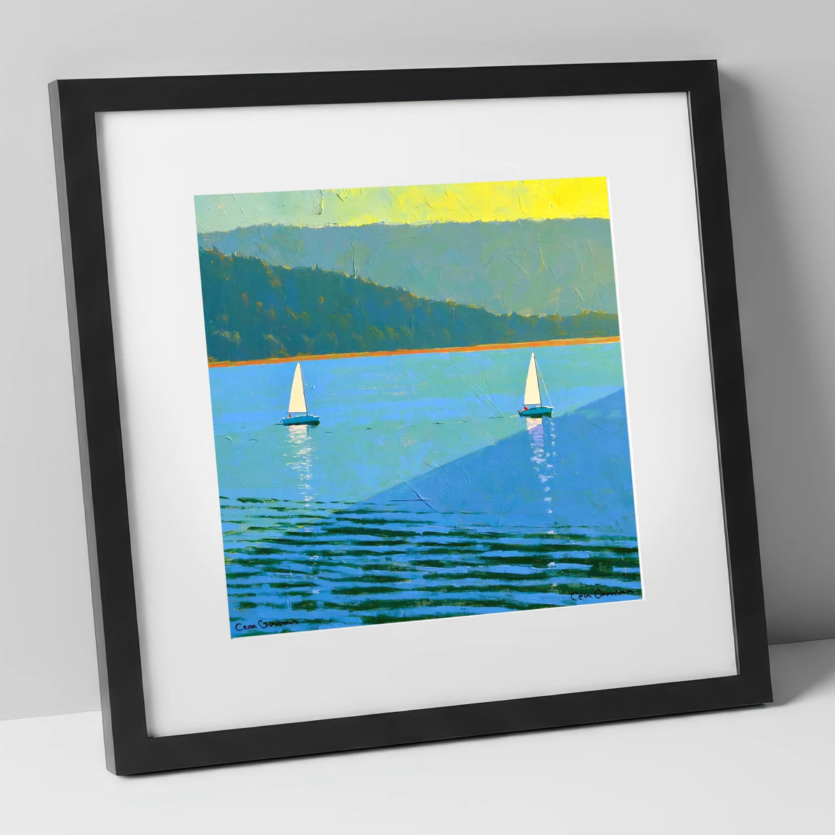 Windermere Sailboats in Bold Blue lake district lake art print in black frame