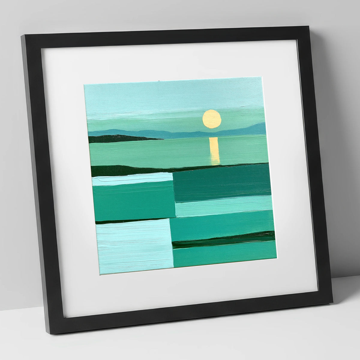 Abstract Teal Lake Sunset lake district lake art print in black frame