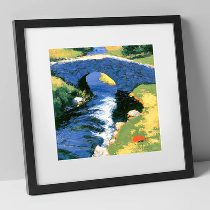 Sunlit Stone Bridge and Beck lake district waterfall art print in black frame