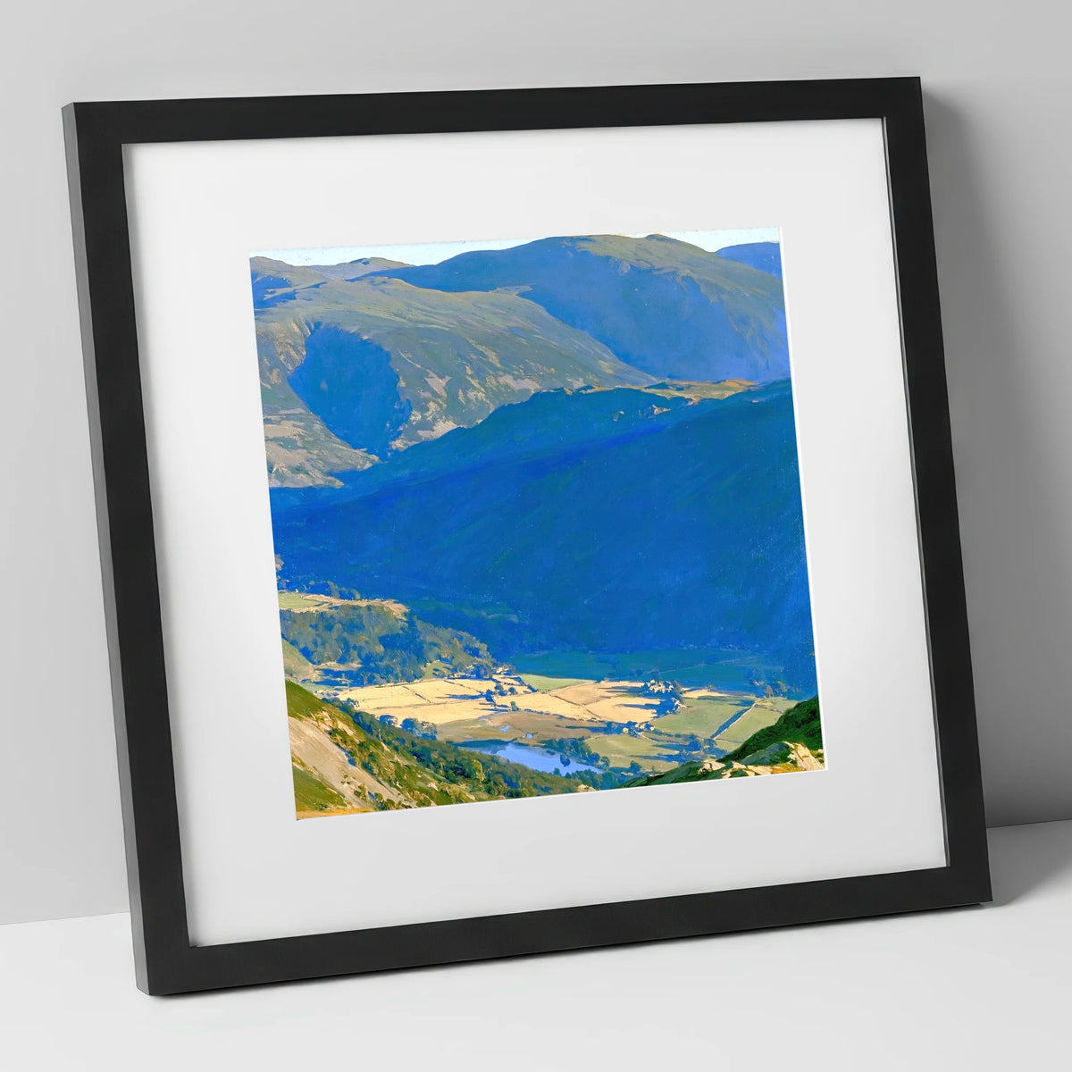 Sunlit Patterdale from Place Fell lake district village art print in black frame