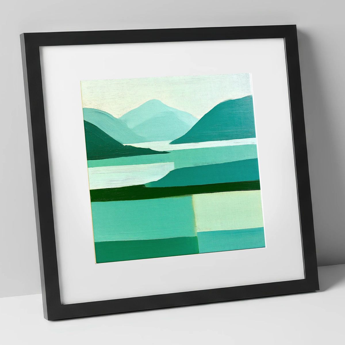 Abstract Teal Coniston Water lake district lake art print in black frame