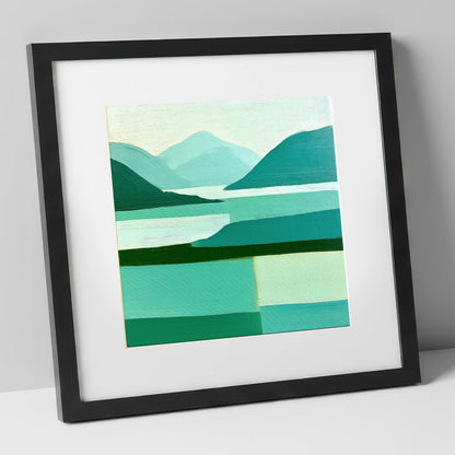 Abstract Teal Coniston Water lake district lake art print in black frame