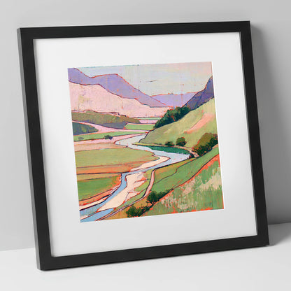 Pastel Fells and Winding River lake district waterfall art print in black frame