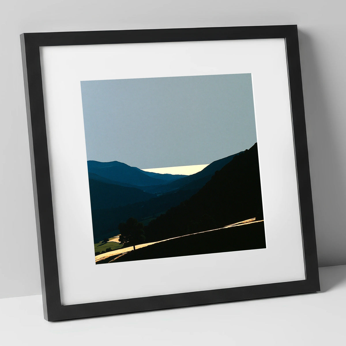 Luminous Valley Mist at Dawn lake district sky art print in black frame