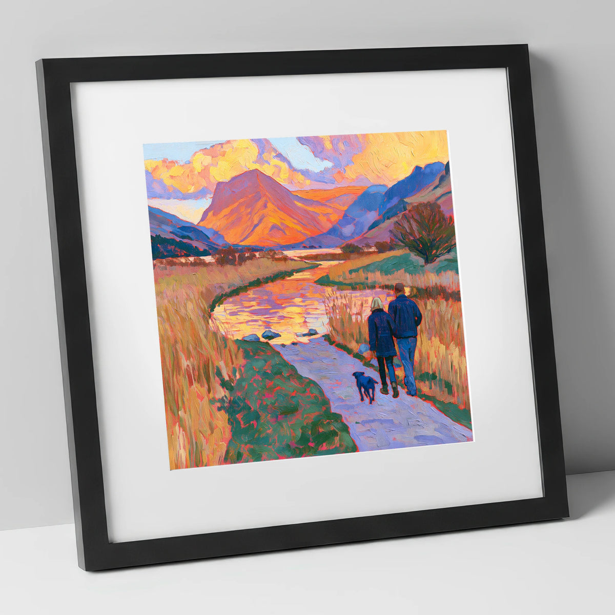 Sunset Dog Walk at Buttermere gifts for dog walkers art print in black frame