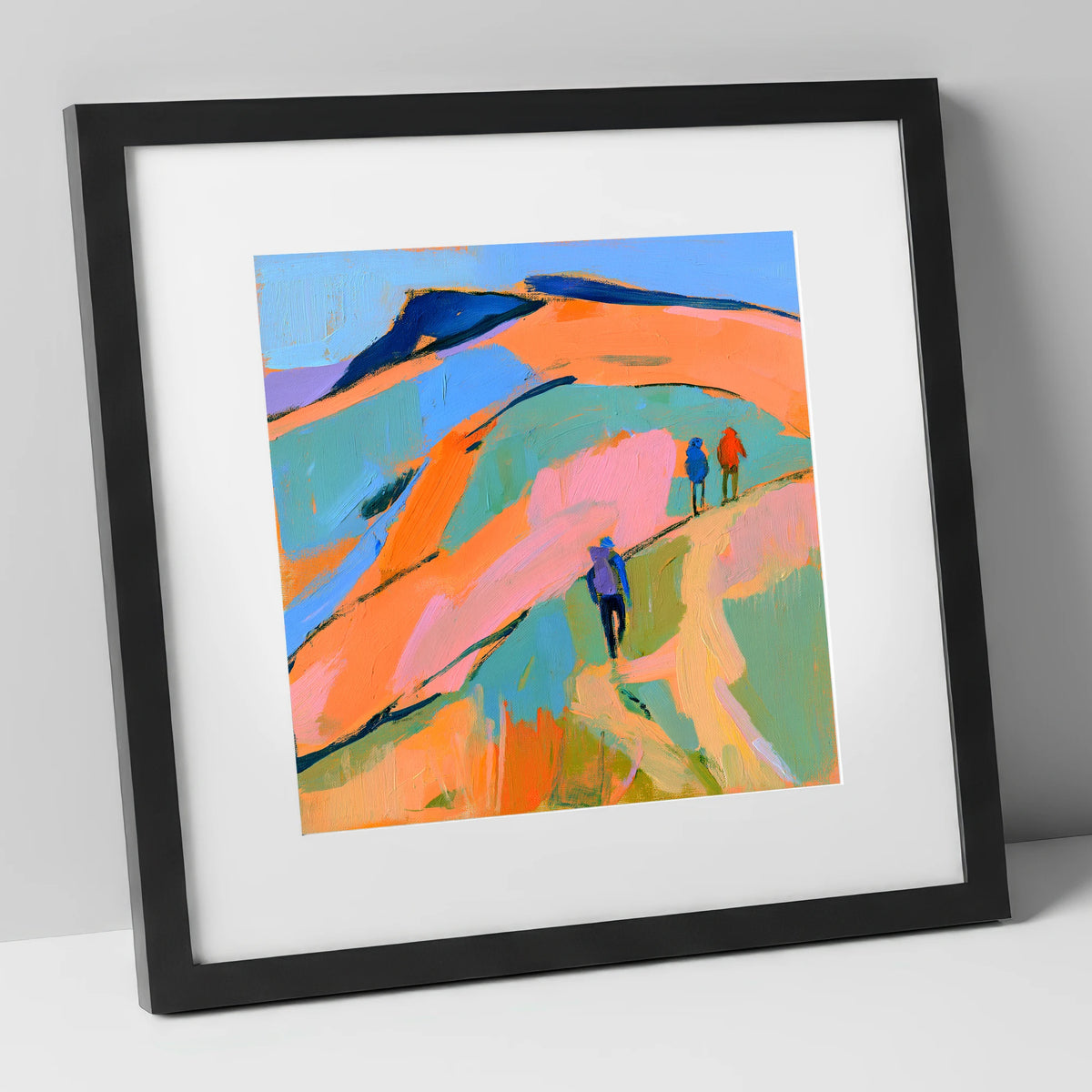 Orange and Blue Fell Hikers lake district fell art print in black frame