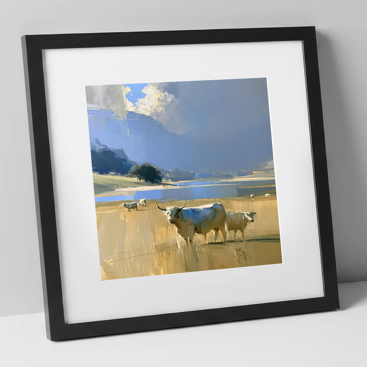 Highland Cattle Before Moody Fells lake district wildlife art print in black frame