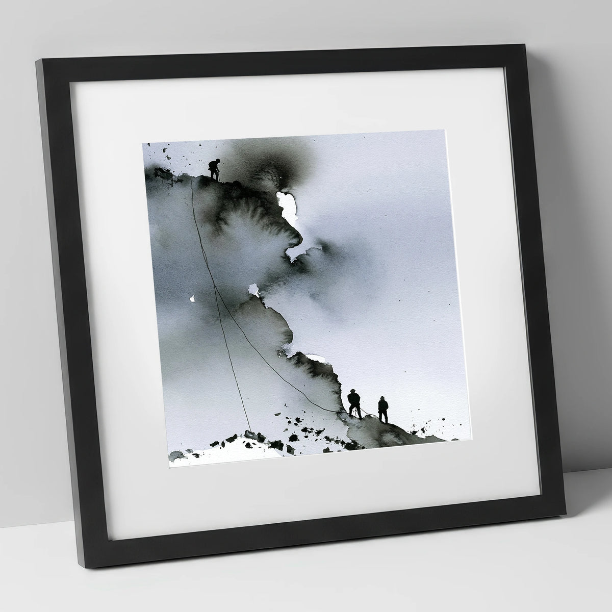 Monochrome Climbers on a Crag lake district walking art print in black frame