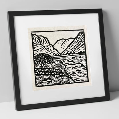 Monochrome Eskdale Valley Landscape lake district valley art print in black frame