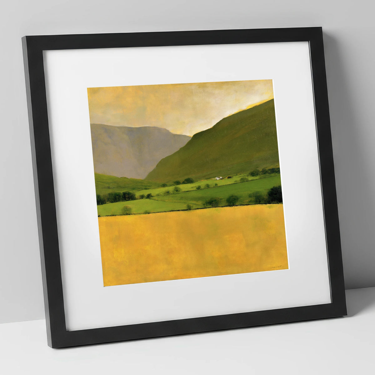 Golden Field Below the Fells lake district valley art print in black frame