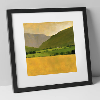 Golden Field Below the Fells lake district valley art print in black frame