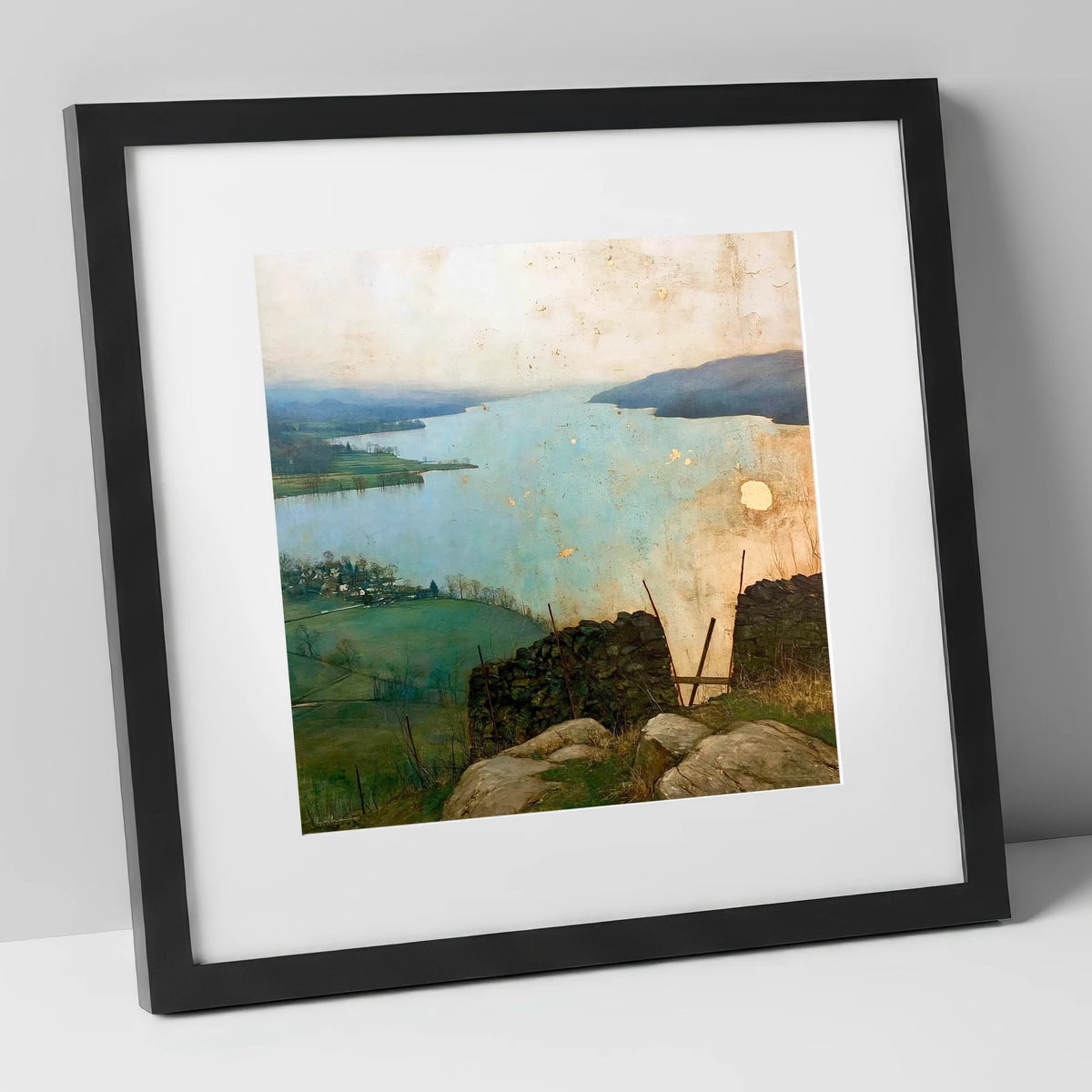 Lake Windermere in Golden Haze lake district lake art print in black frame