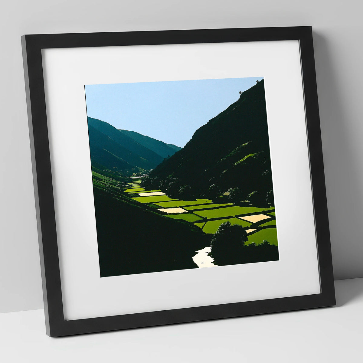 Sunlit Patchwork in the Dale lake district valley art print in black frame