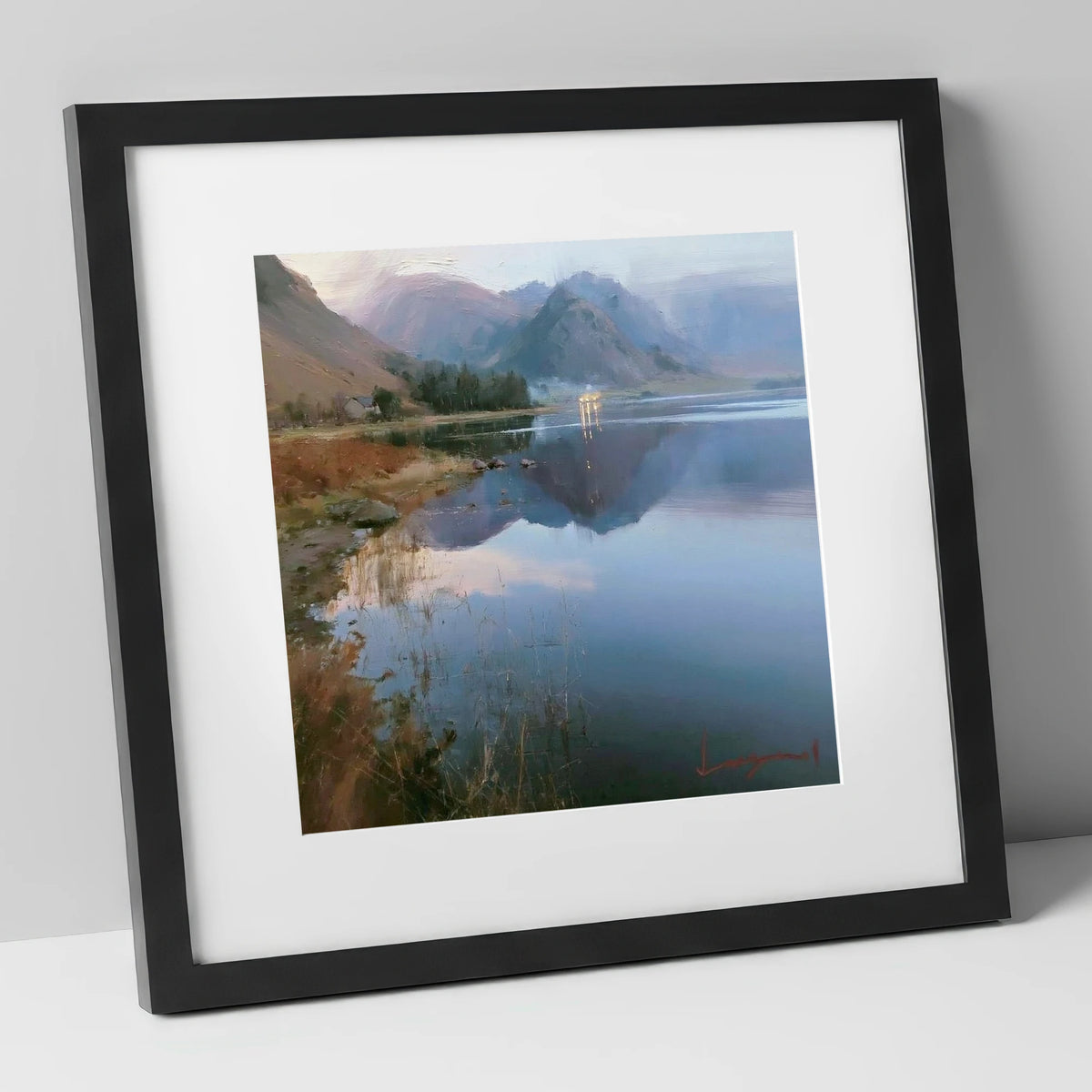 Loweswater Lake in Misty Light lake district lake art print in black frame