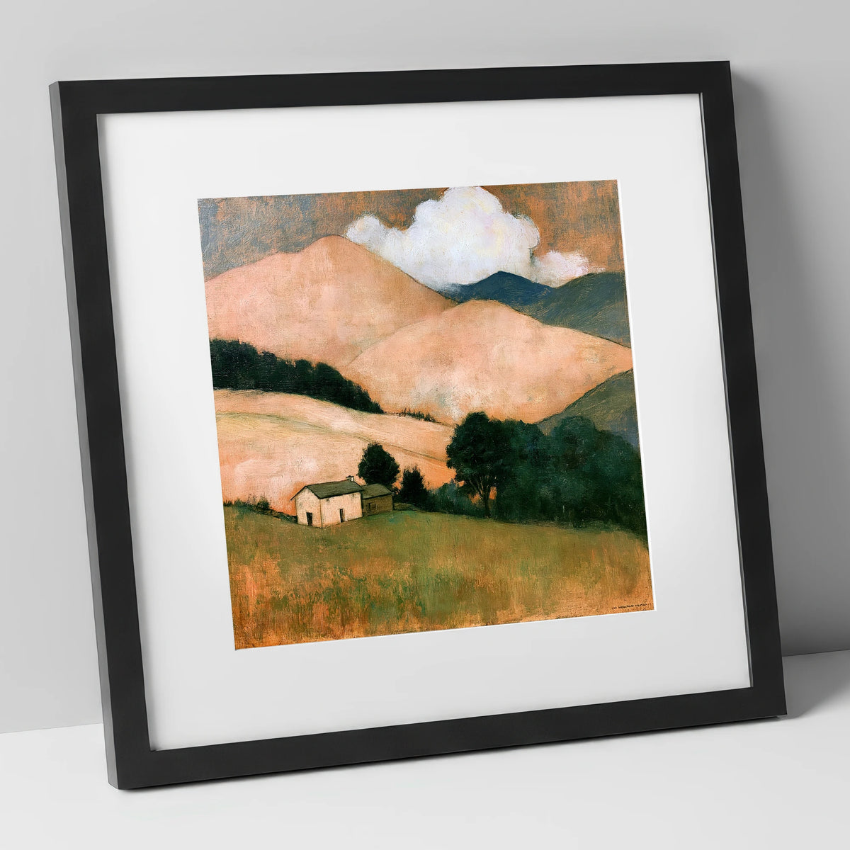 Warm Fells and White Farmhouse lake district fell art print in black frame