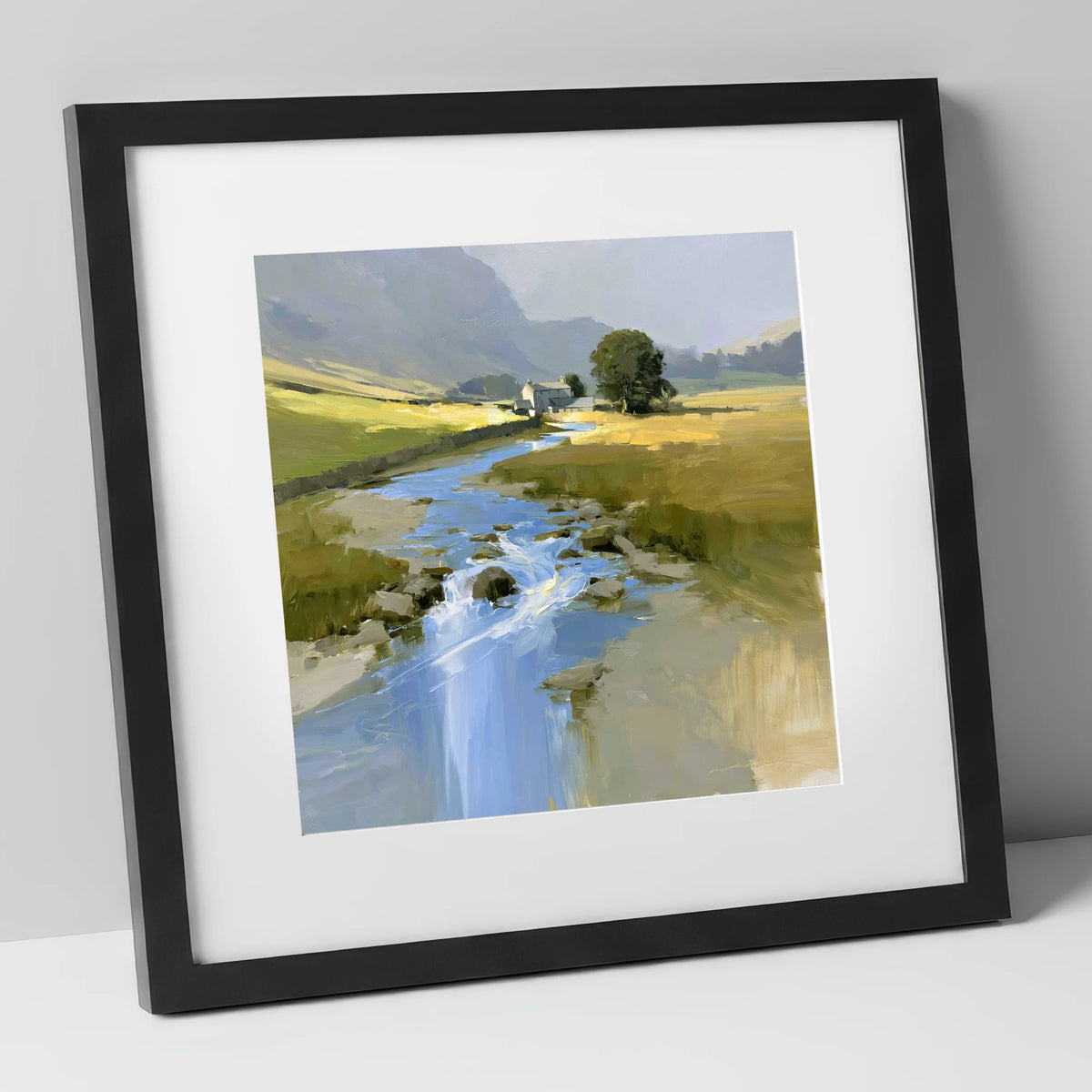 Sunlit Valley Beck and Farmhouse lake district waterfall art print in black frame