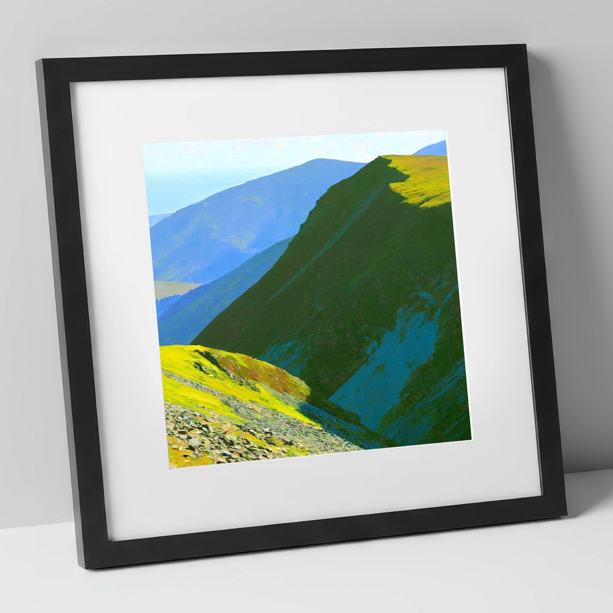 Sunlit Knott Rigg Ridge lake district fell art print in black frame